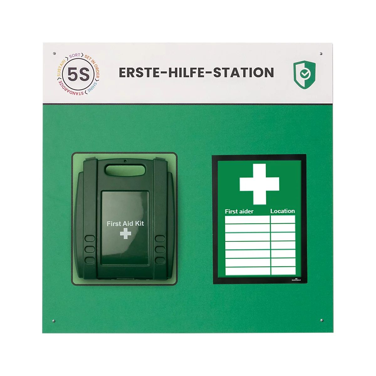 Poste de premiers secours vert avec trousse de premiers secours et tableau d'information. Étiquetage : Poste de premiers secours, Trousse de premiers secours, Secouriste, Emplacement.