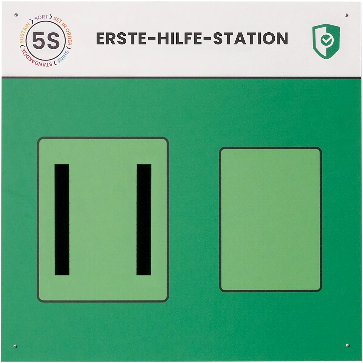 Panneau vert avec l'inscription "ERSTE-HILFE-STATION", deux champs rectangulaires et un symbole. En haut à gauche : logo 5S.
