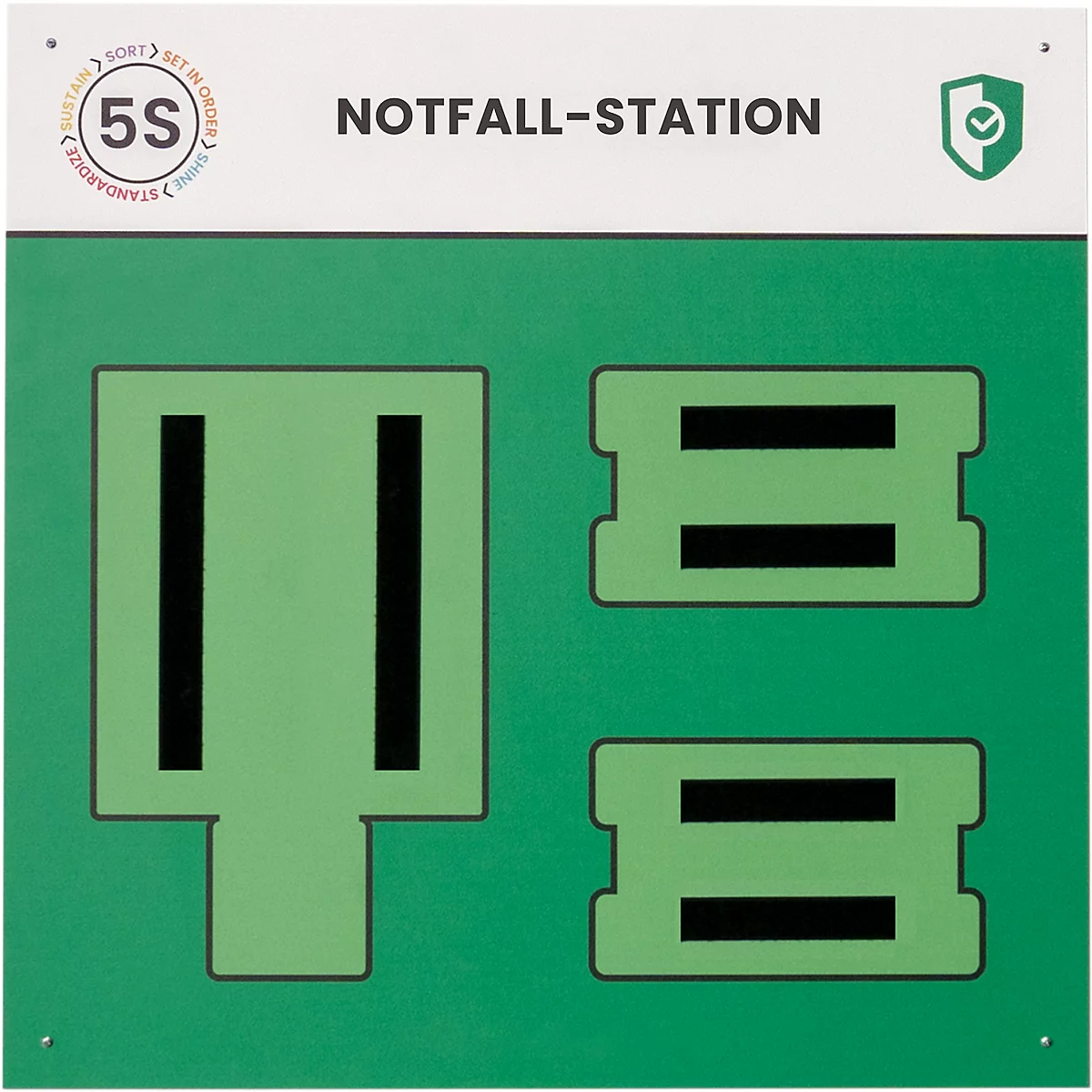 Panneau vert avec texte noir. En haut, il est écrit station d'urgence. En dessous, des formes vertes avec des lignes noires.