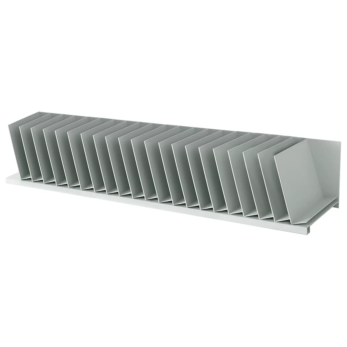 Grijze heatsink met vinnen, op witte basis. Van bovenaf bekeken.