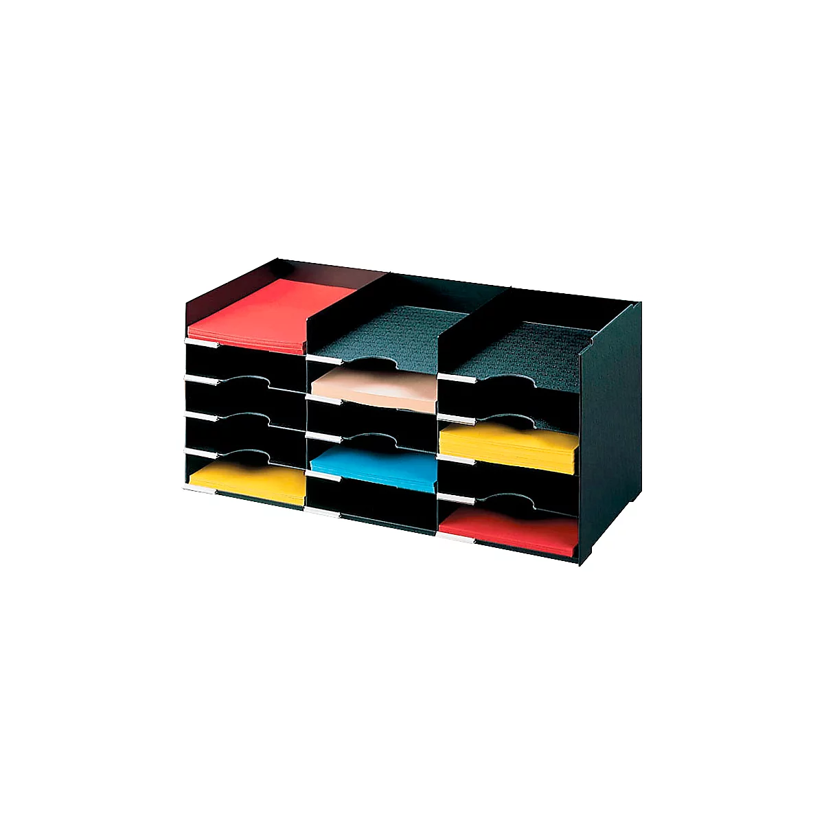 Black document organizer with colored paper in the compartments. Red, yellow, blue, beige, and green.