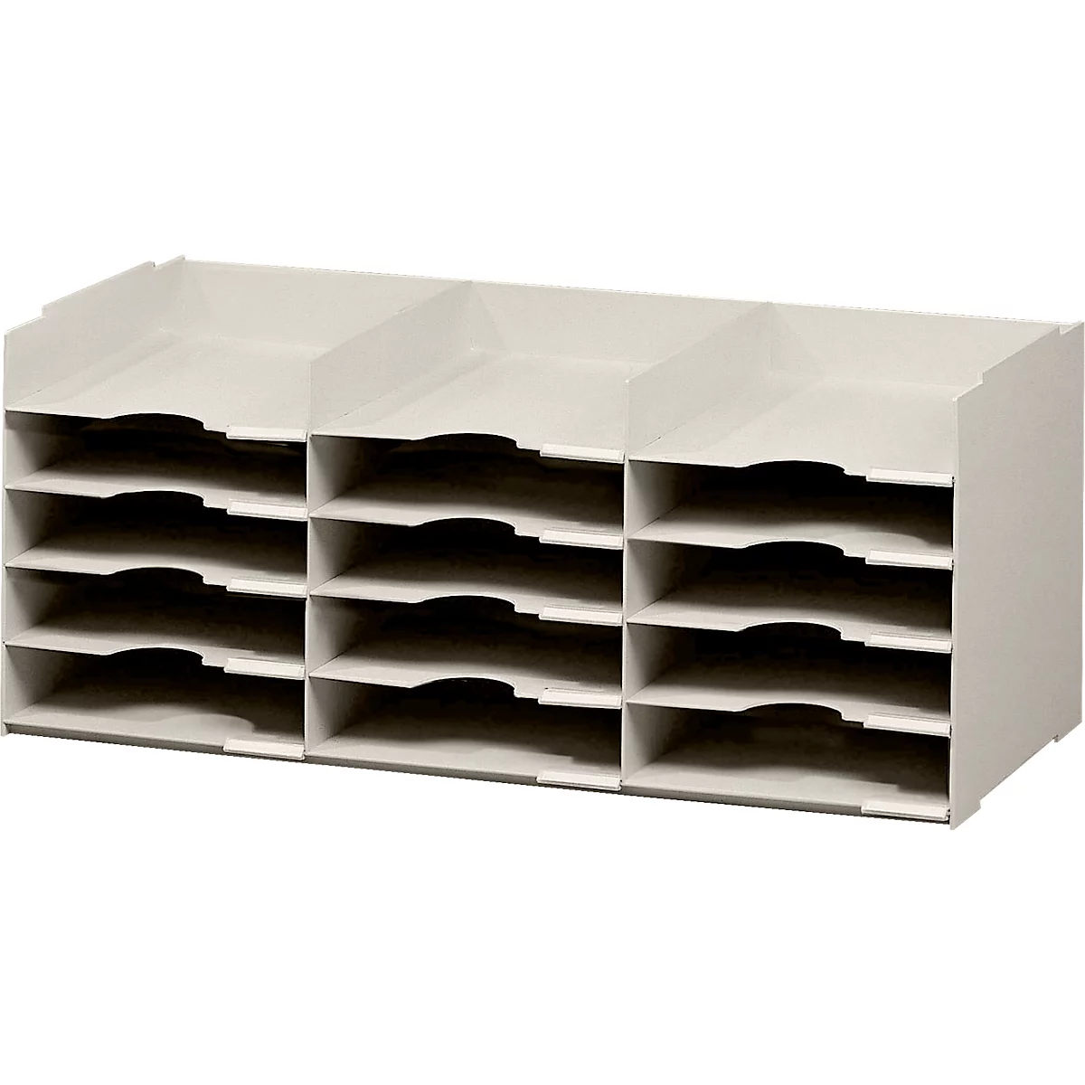 Gray, three-part file sorter with multiple compartments.