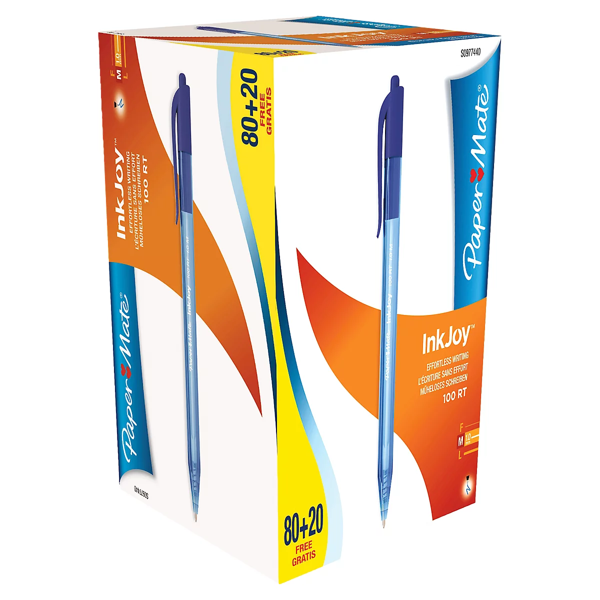 Een verpakking met blauwe InkJoy pennen. Opschrift: 80+20 gratis.