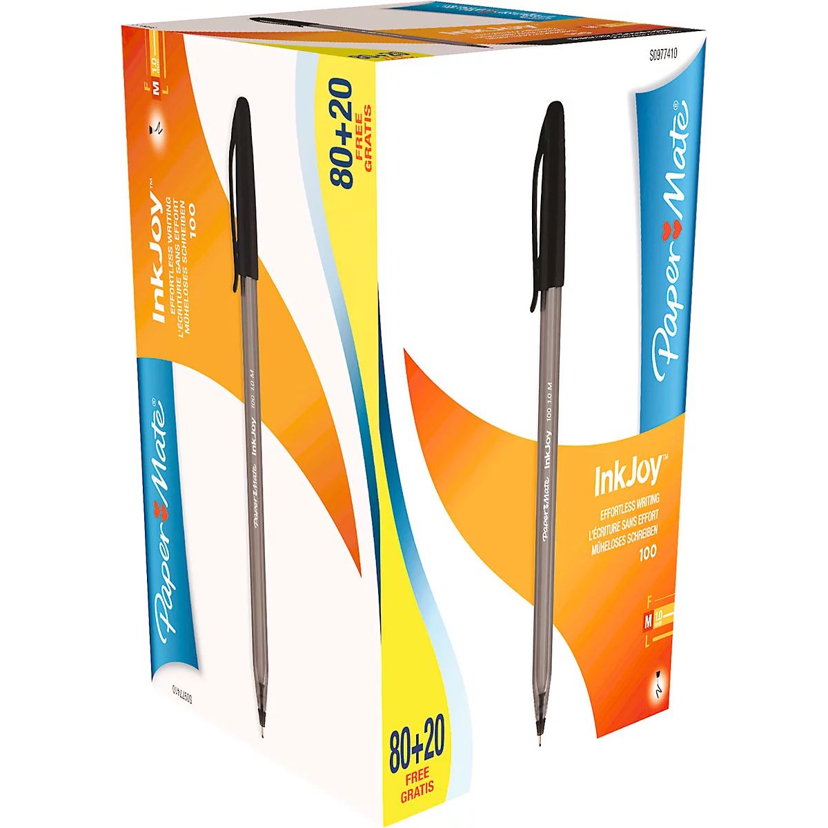 Een doos met Paper Mate InkJoy pennen. 2 pennen zijn zichtbaar. De doos bevat 80+20 gratis pennen.