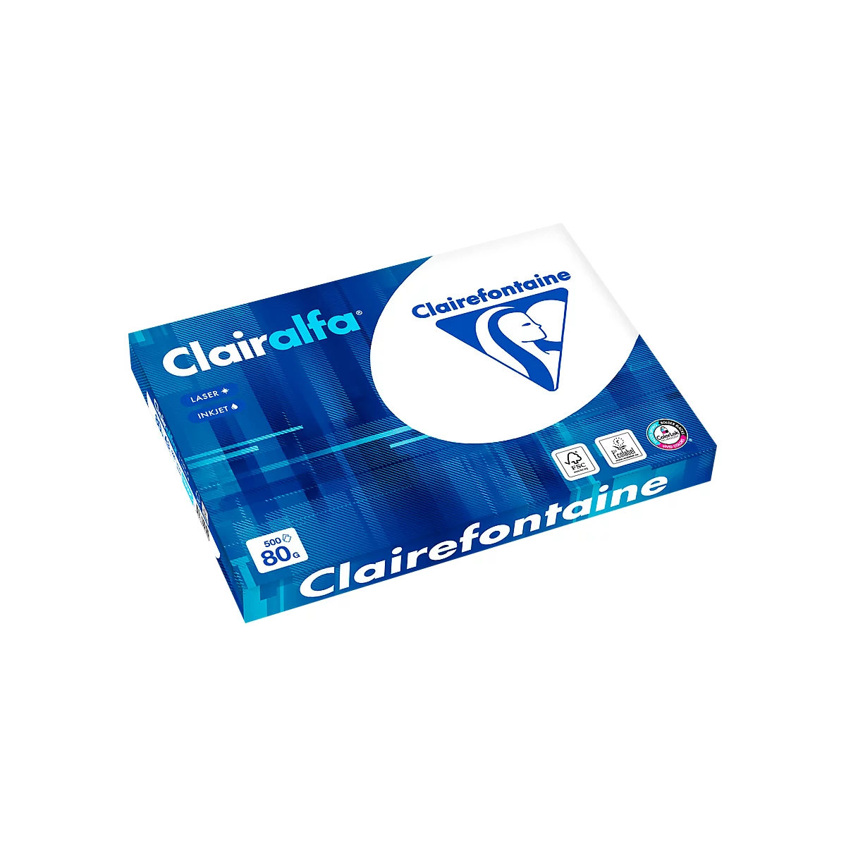 Paquet de papier bleu et blanc de Clairefontaine avec logos et écriture. Le paquet est pris en biais.