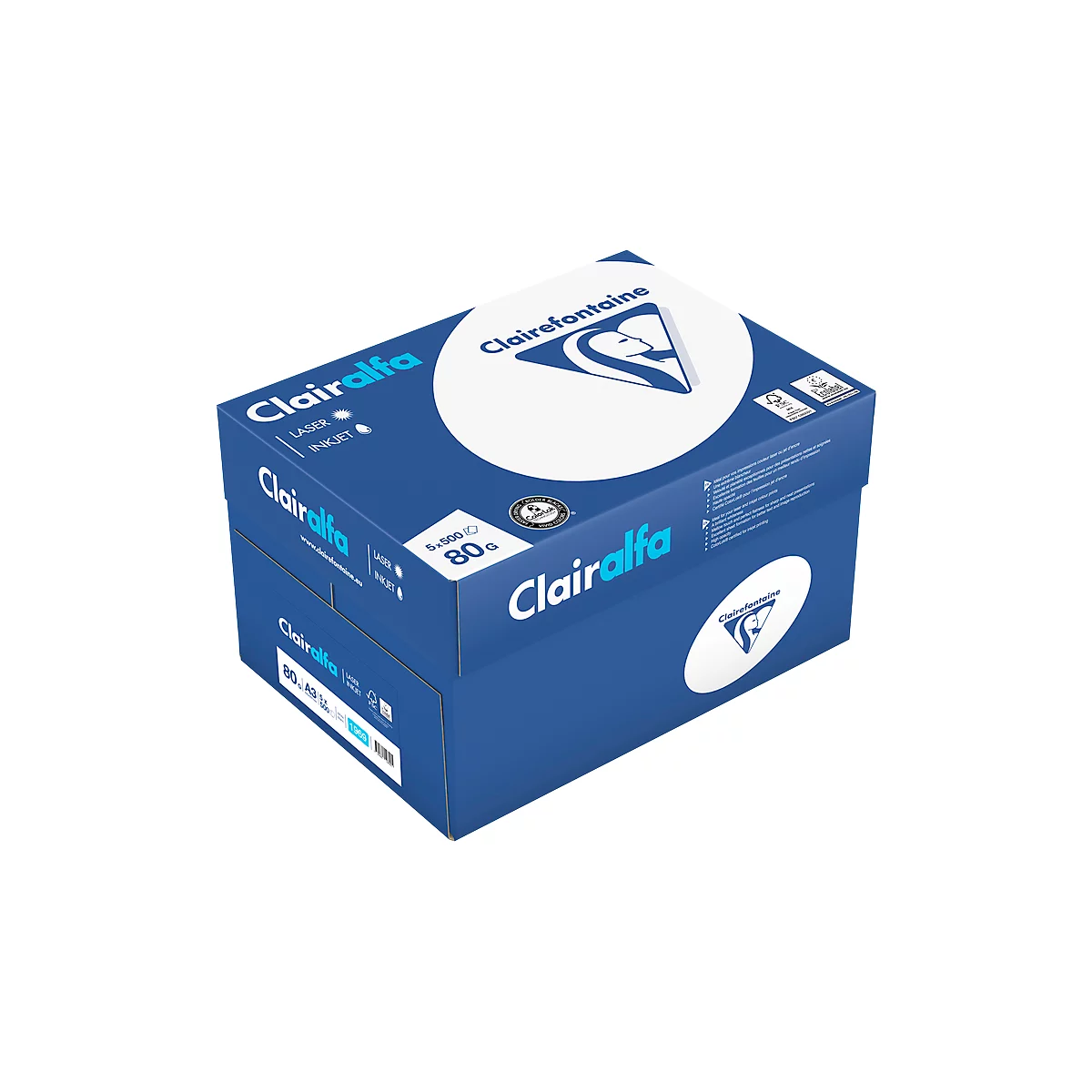 Boîte de papier bleue Clairefontaine avec l'inscription Clairalfa, 80g et logo. Forme angulaire, photographiée en diagonale d'en haut.