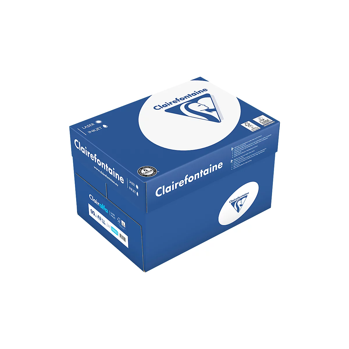 Une boîte de papier bleue de Clairefontaine, logos et lettrage en blanc.