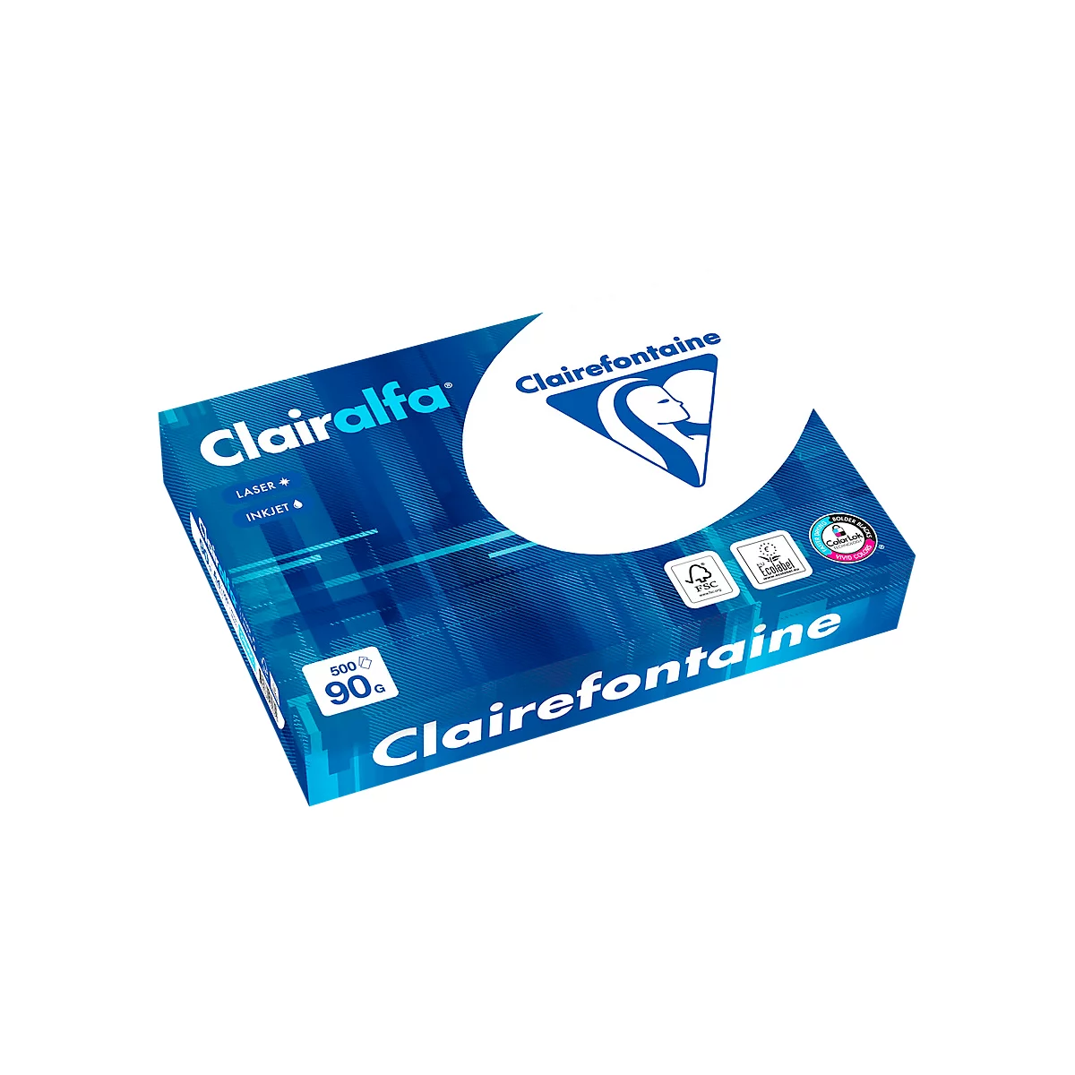 Boîte de papier bleue de Clairefontaine. Inscription : Clairalfa, Clairefontaine, 500 feuilles, 90g.