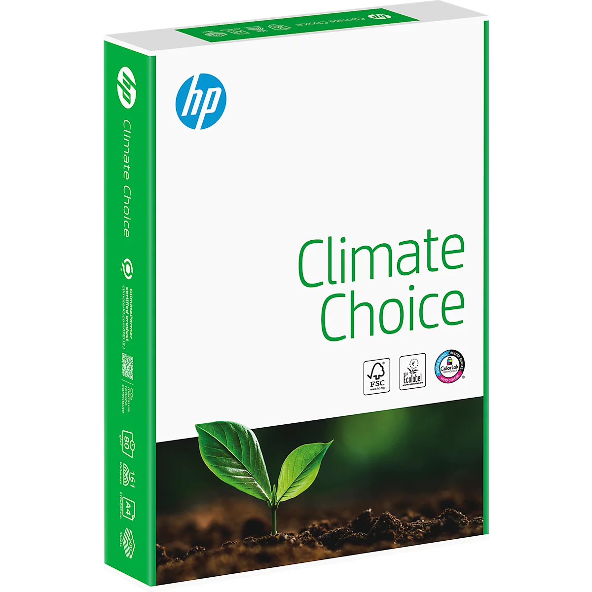 Paquet de papier avec l'inscription "Climate Choice" et le logo HP. En dessous, une pousse verte qui sort du sol.