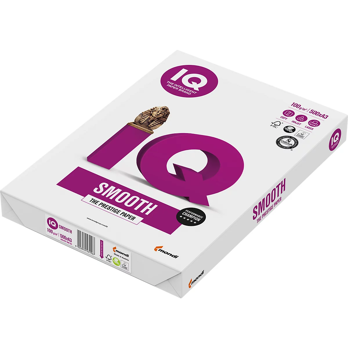Papier à copier Mondi IQ Smooth, DIN A3, 100 g/m², extra-blanc, 1 boîte = 4 x 500 feuilles