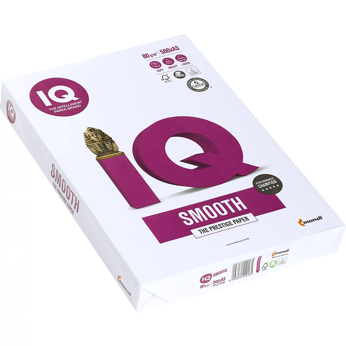 Un paquet de papier blanc avec le logo IQ violet et l'inscription SMOOTH. Le fond est blanc.