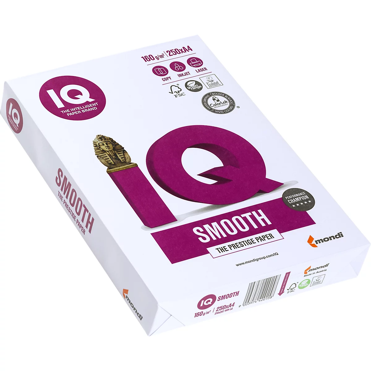 Papier à copier Mondi IQ Smooth, DIN A4, 160 g/m², extra-blanc, 1 paquet = 250 feuilles