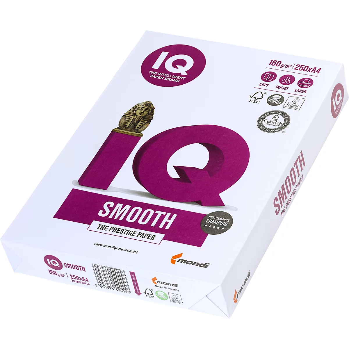 Une pile de papier blanche avec l'inscription "IQ SMOOTH". Police violet foncé sur le carton à papier.