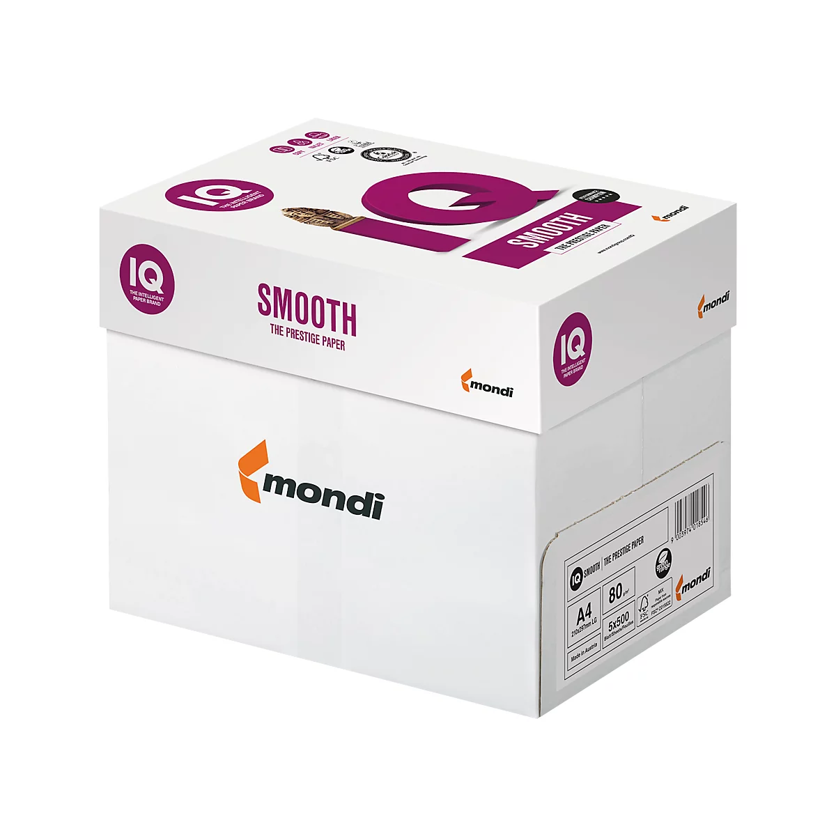 Une boîte de papier blanche avec des logos violets et oranges. Inscription 'Smooth' et 'Mondi'.