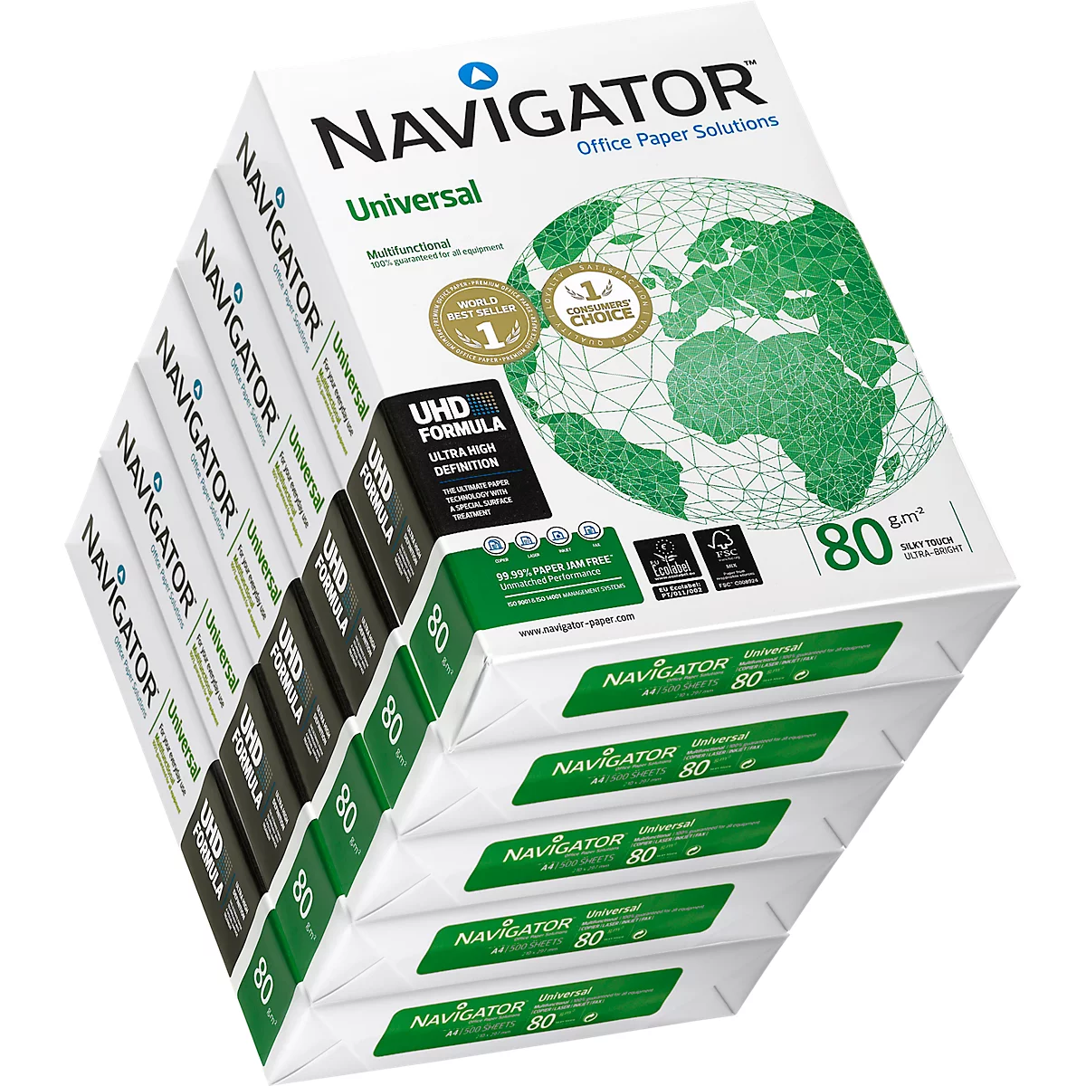 Plusieurs piles de paquets de papier, avec impression Navigator et carte du monde.
