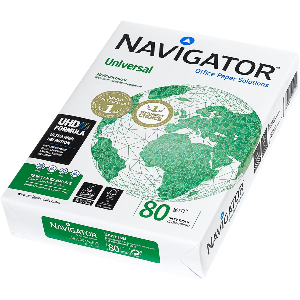 Boîte de papier "Navigator Universal" avec carte du monde et récompenses.