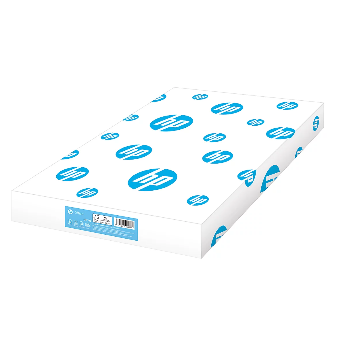 Une boîte de papier blanche avec des logos HP bleus sur le dessus. Sur le côté se trouve une étiquette avec plus d'informations.