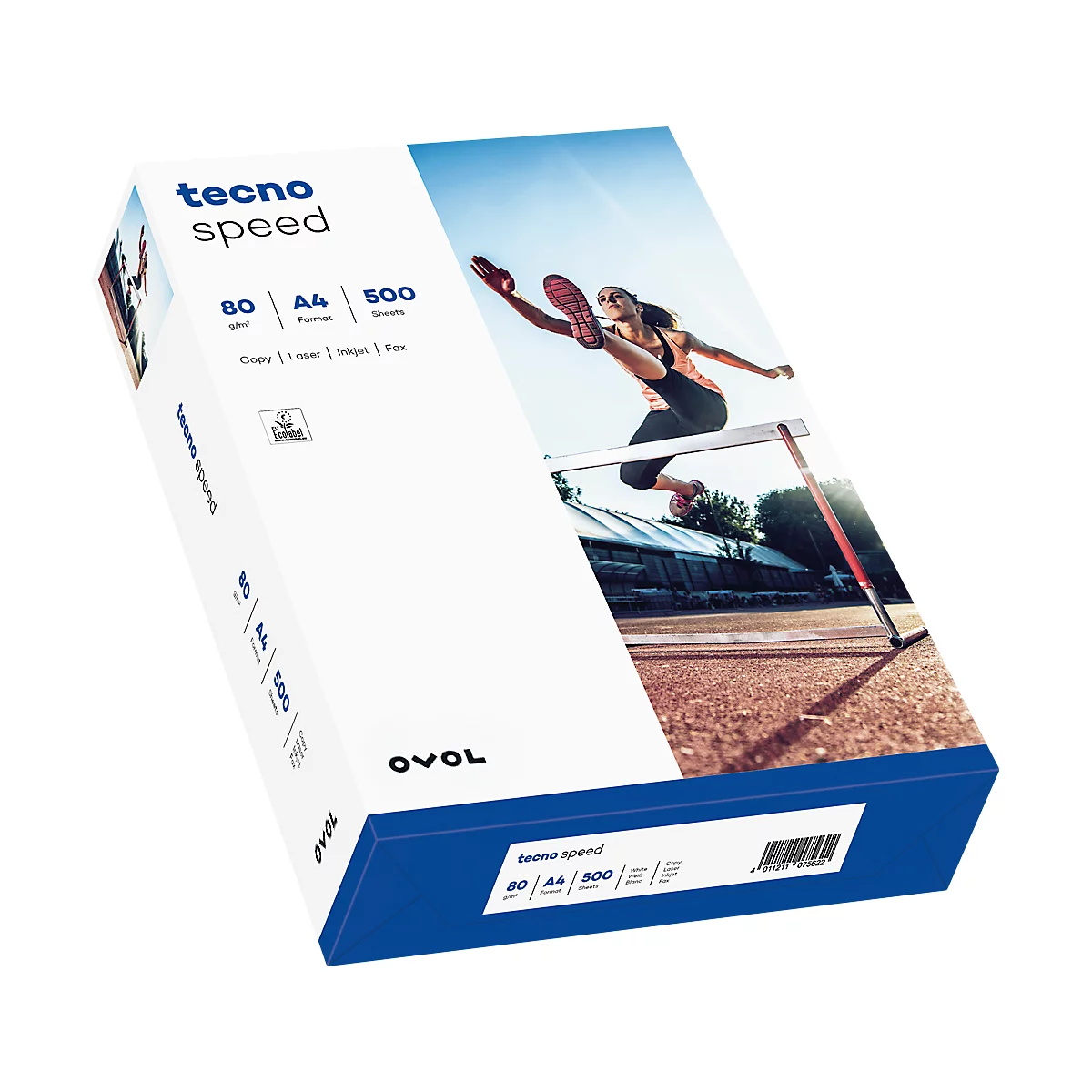 Paquet de papier avec impression : 'tecno speed', en dessous une athlète faisant du saut de haies. Spécifications : 80 g/m², A4, 500 feuilles.