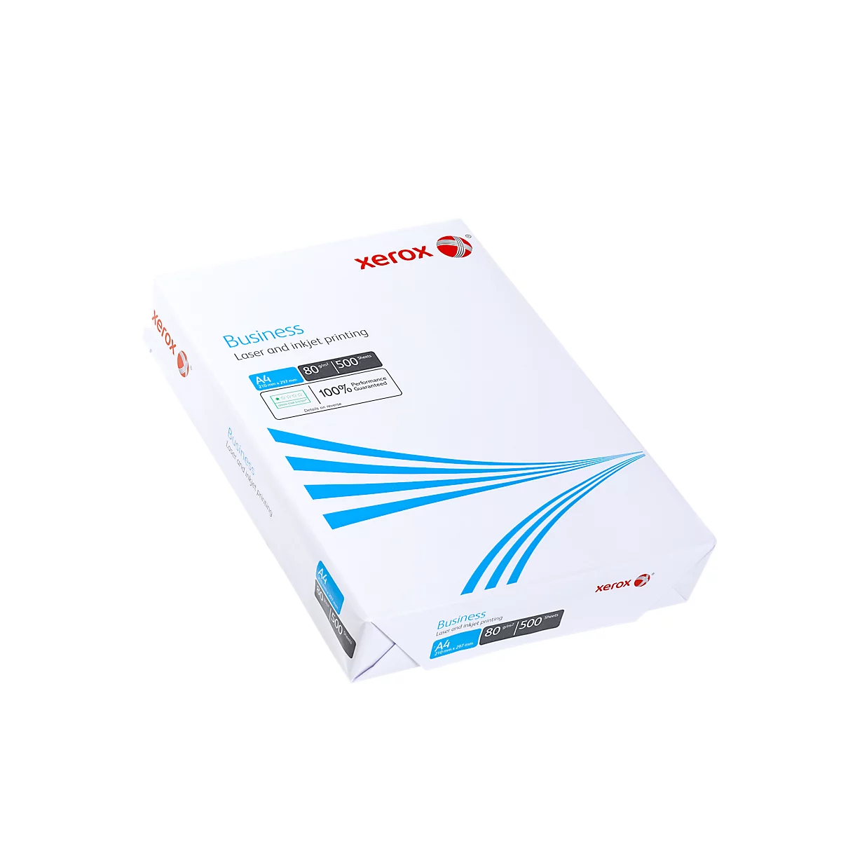 Un paquet de papier Xerox Business, blanc, avec des rayures bleues et des impressions.