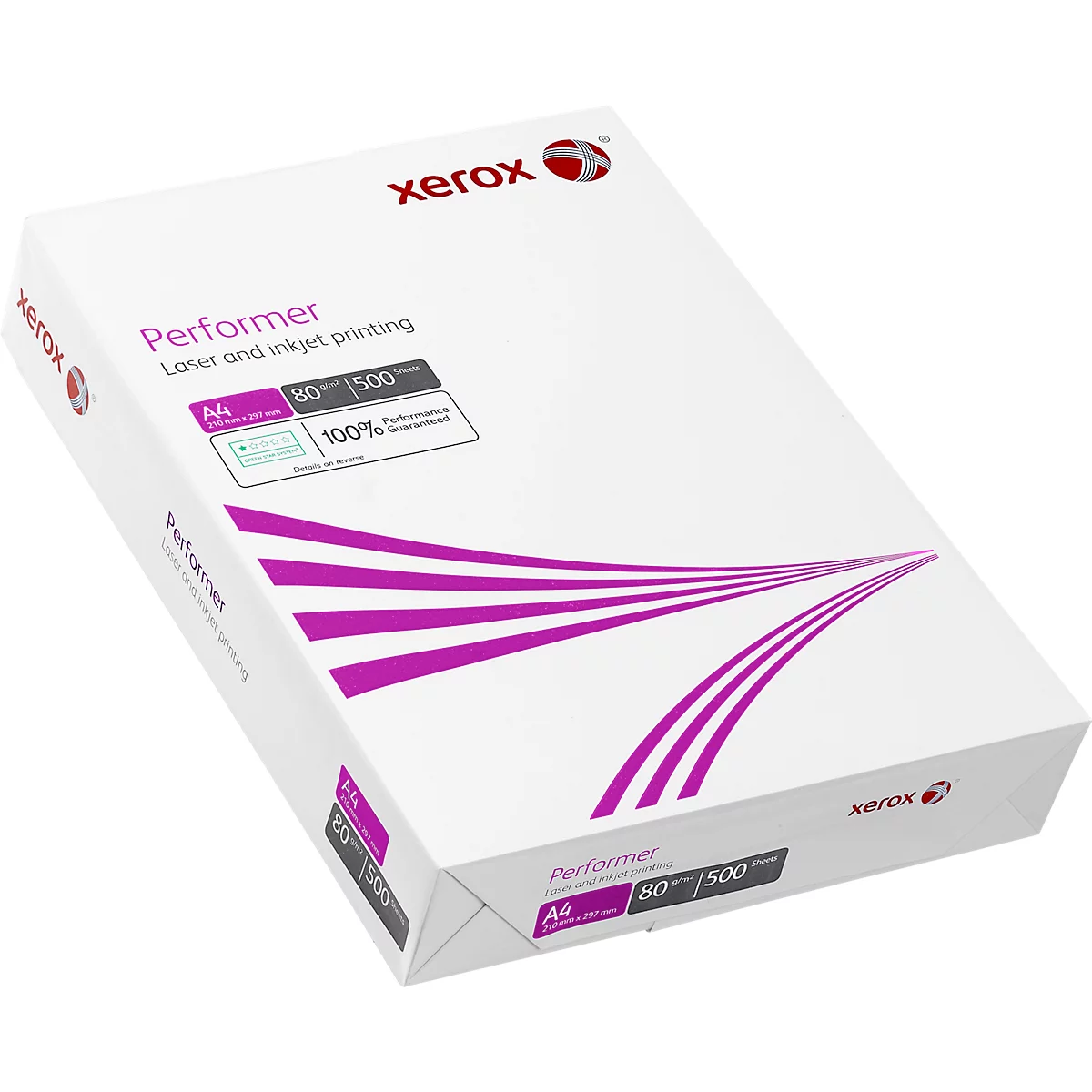 Une pile de papier blanc, emballage avec le logo Xerox et le nom du produit Performer. Impressions : A4, 80g, 500 feuilles.