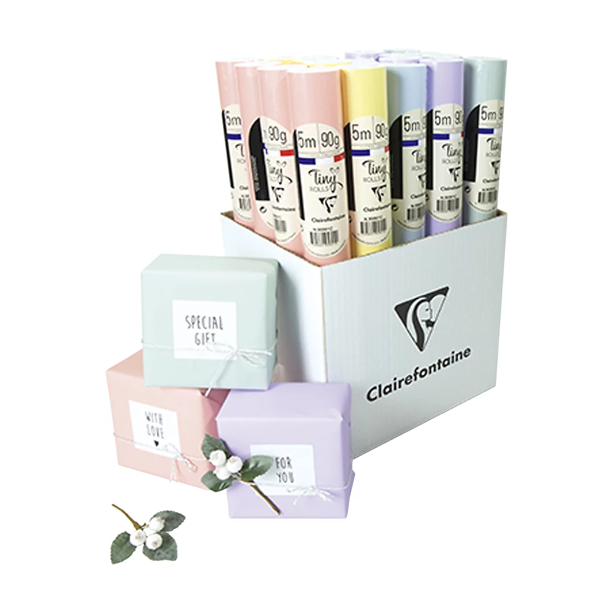 Papier cadeau CLAIREFONTAINE Tiny Rolls, 20 rouleaux, 500 × 35 cm, 90g/m², papier FSC®, couleurs pastel, assorti