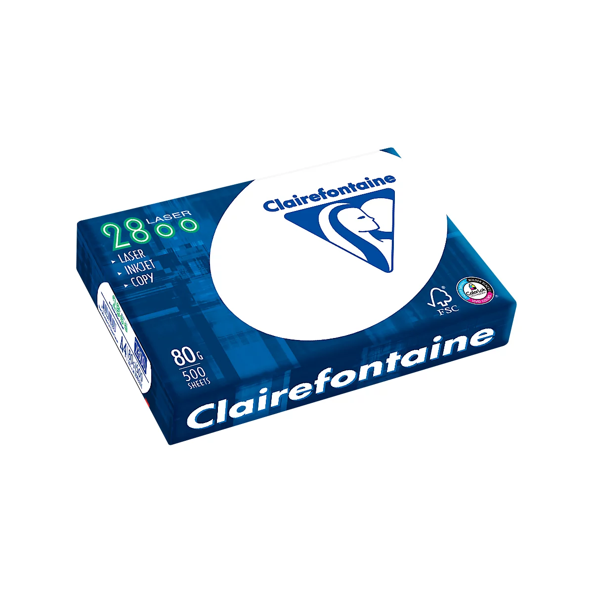Ein blaues Papierpaket der Marke Clairefontaine mit dem Logo der Marke und der Aufschrift 28Laser, 80g, 500 Blatt.