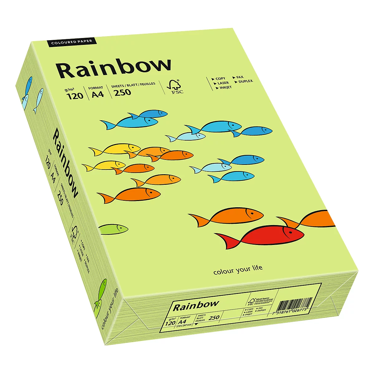 Papier coloré pour copieur Rainbow Mondi, format A4, 120 g/m², vert vif, 1 bloc = 250 feuilles