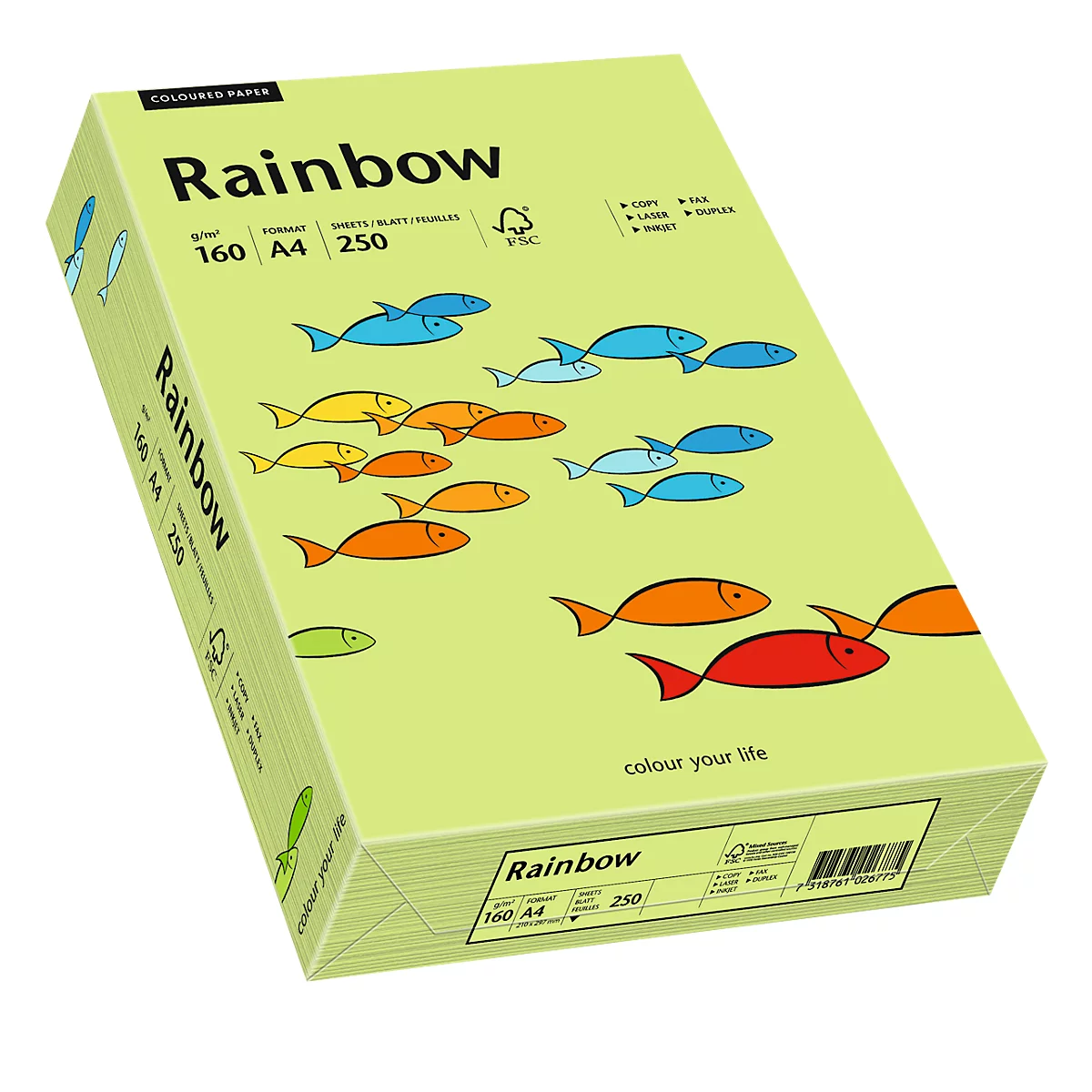 Papier coloré pour copieur Rainbow Mondi, format A4, 160 g/m², vert vif, 1 bloc = 250 feuilles