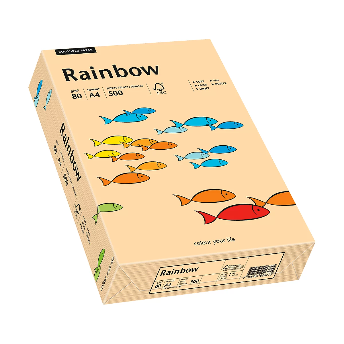 Une boîte de papier de couleur "Rainbow" avec des motifs de poissons colorés. Inscriptions: Rainbow, 80 A4 500.