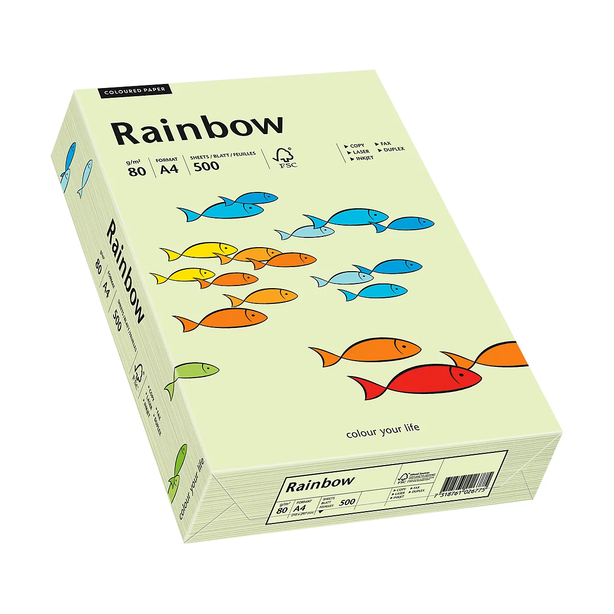Un paquet de papier coloré 'Rainbow' avec des illustrations de poissons.