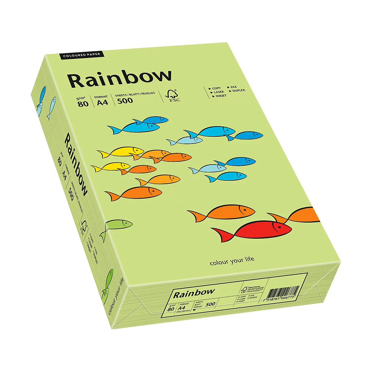 Papier coloré pour copieur Rainbow Mondi, format A4, 80 g/m², vert vif, 1 bloc = 500 feuilles