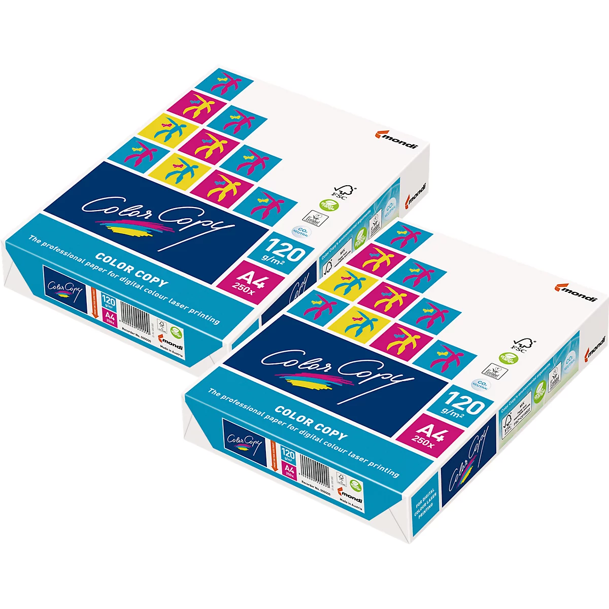 Deux boîtes de papier "Color Copy" sur fond blanc. Design bleu et blanc, 120 g/m², A4.