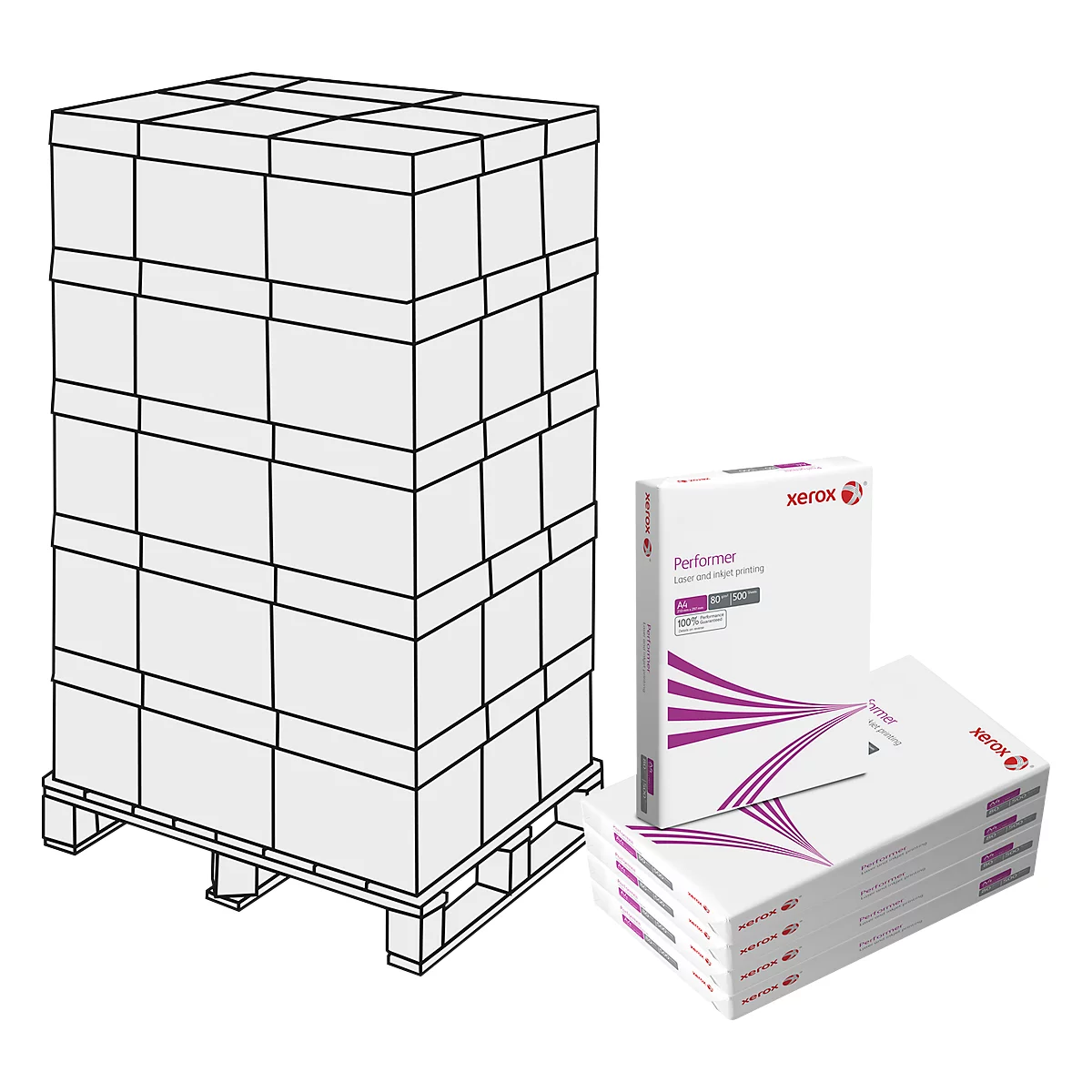 Une pile de papier sur une palette. À côté, d'autres piles de papier avec le logo Xerox.