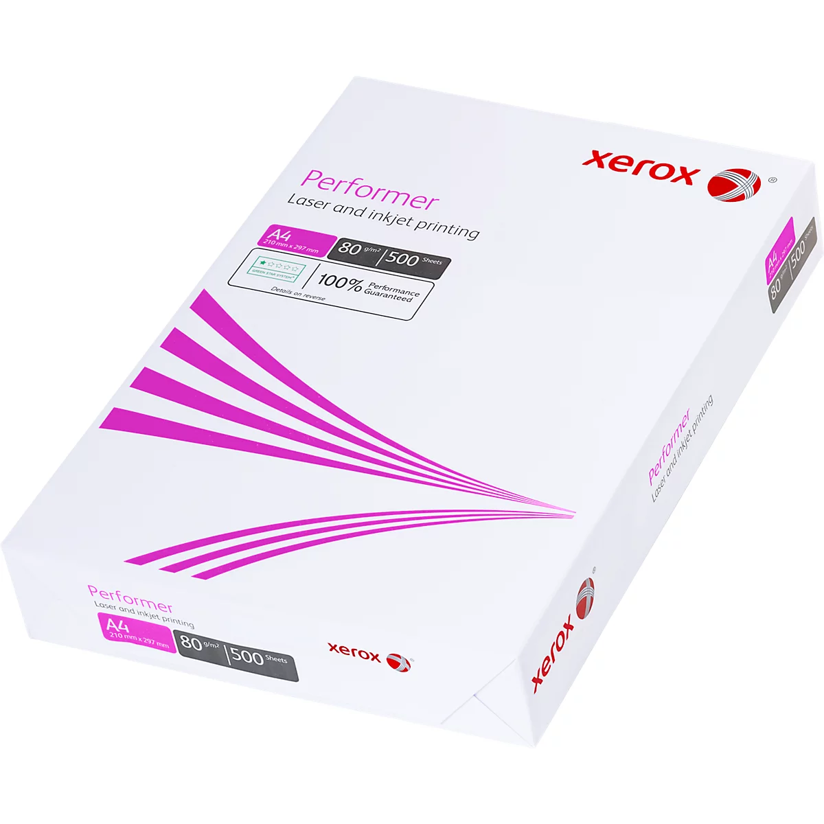 Boîte de papier blanche avec des rayures roses et lettrage. "Xerox Performer".
