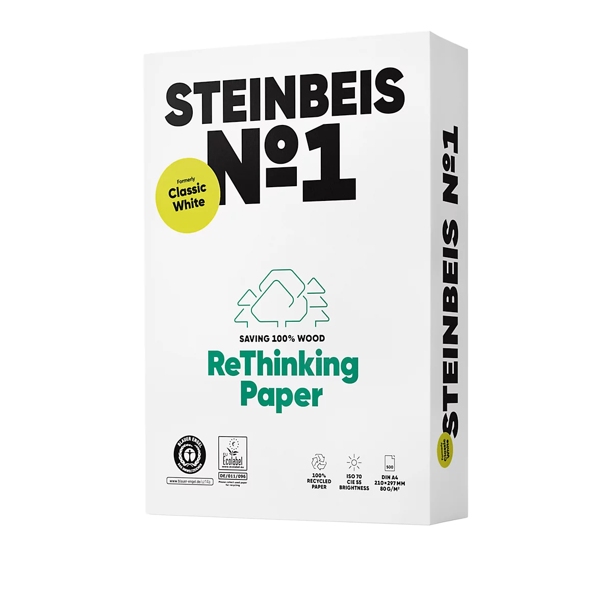 Papier copieur recyclé Steinbeis №1, DIN A4, 80 g/m², blanc presse, 1 boîte = 5 x 500 feuilles