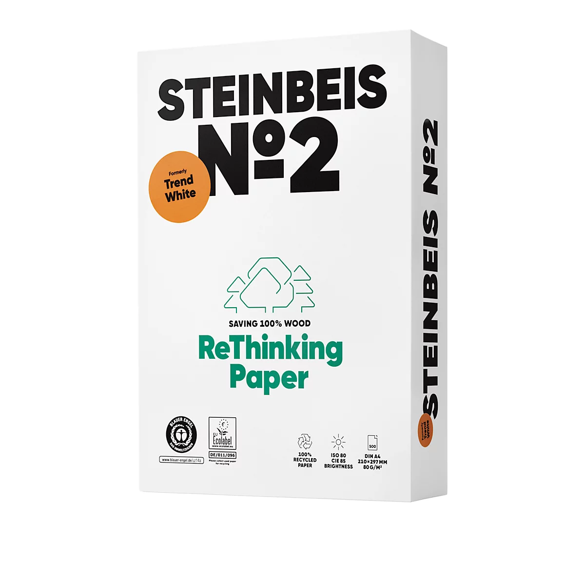 Papier copieur recyclé Steinbeis N°2, format A4, 80 g/m², blanc recyclé, 5 x 500 feuilles