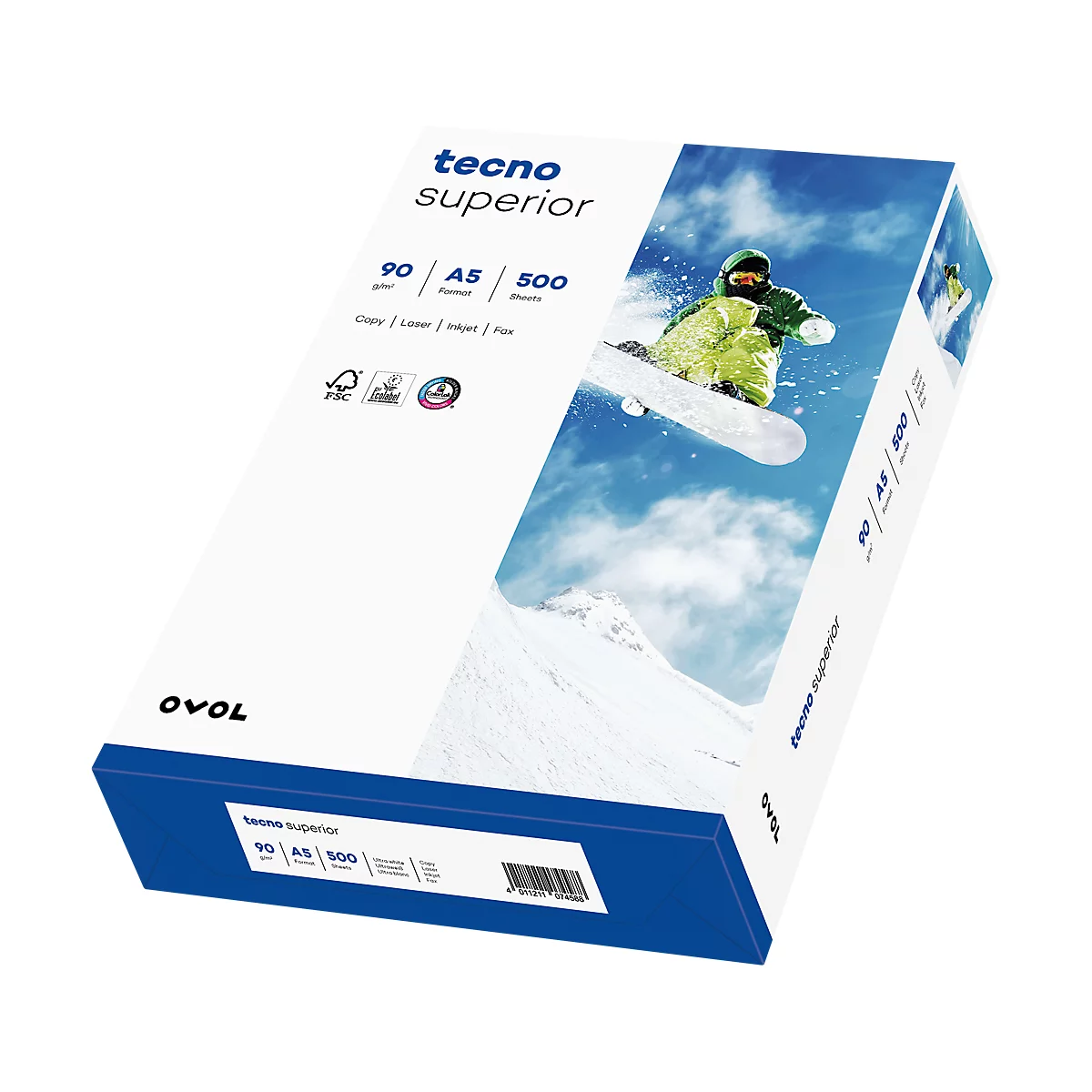 Un paquet de papier Tecno Superior. Les informations imprimées comprennent le grammage, le format et le nombre de feuilles, ainsi qu'un snowboarder sur fond de ciel bleu.