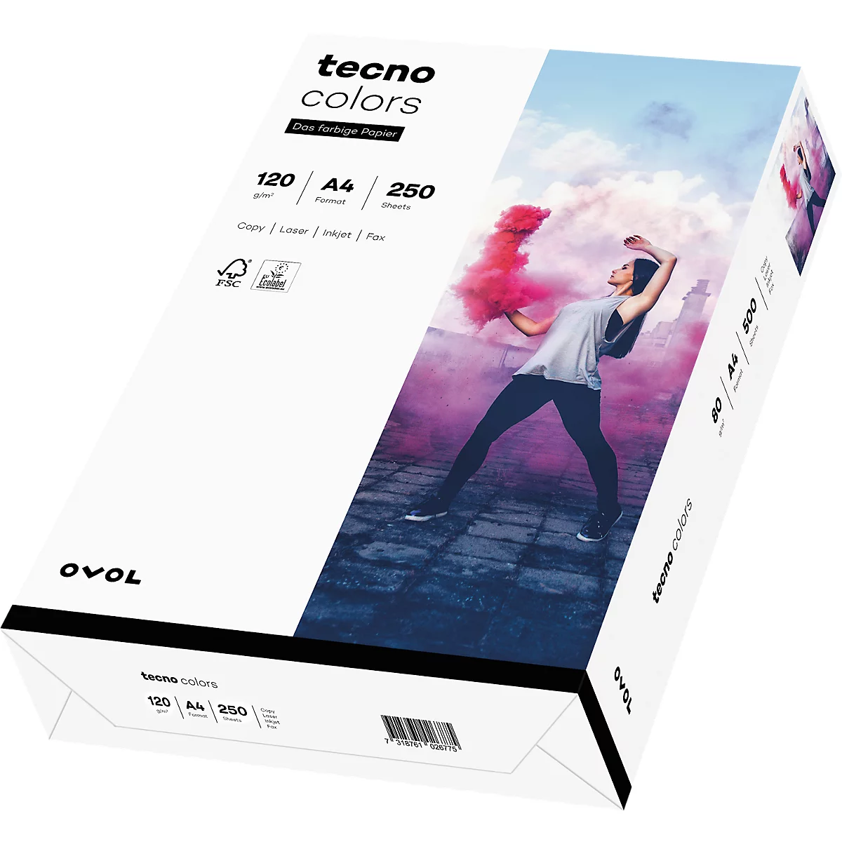 Papier couleur tecno Colors, format A4, 120 g/m², blanc, paquet de 250 feuilles