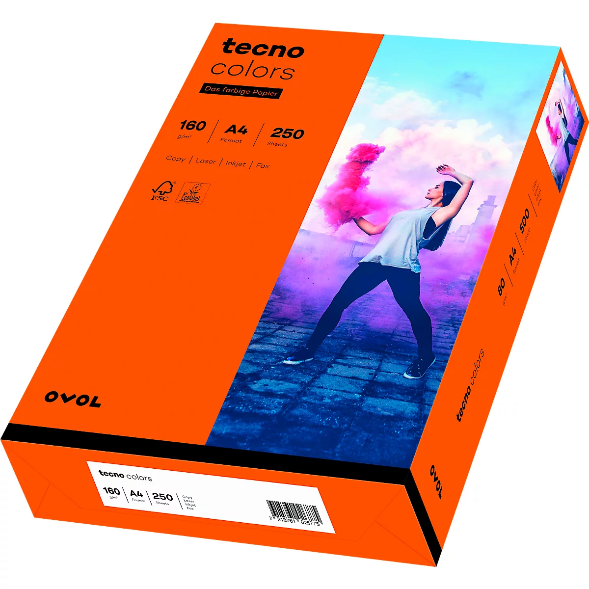 Papier couleur tecno Colors, format A4, 160 g/m², orange intense, paquet de 250 feuilles