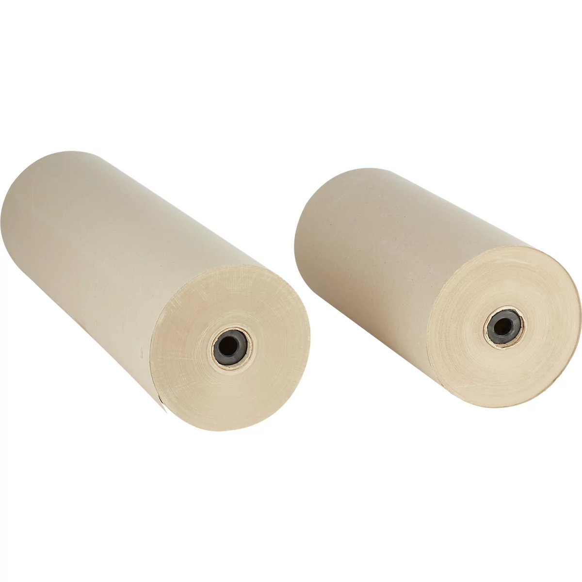Deux rouleaux de papier beige avec des noyaux sombres sont côte à côte.