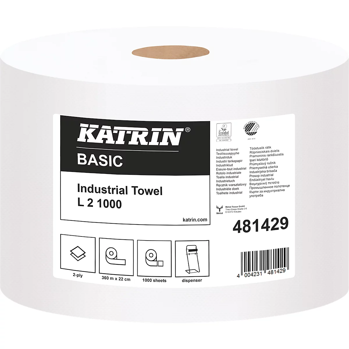 Papier de nettoyage KATRIN L2, 2 couches, taille des chiffons env. 220 x 360 mm, blanc, 2 rouleaux de 1000 chiffons chacun