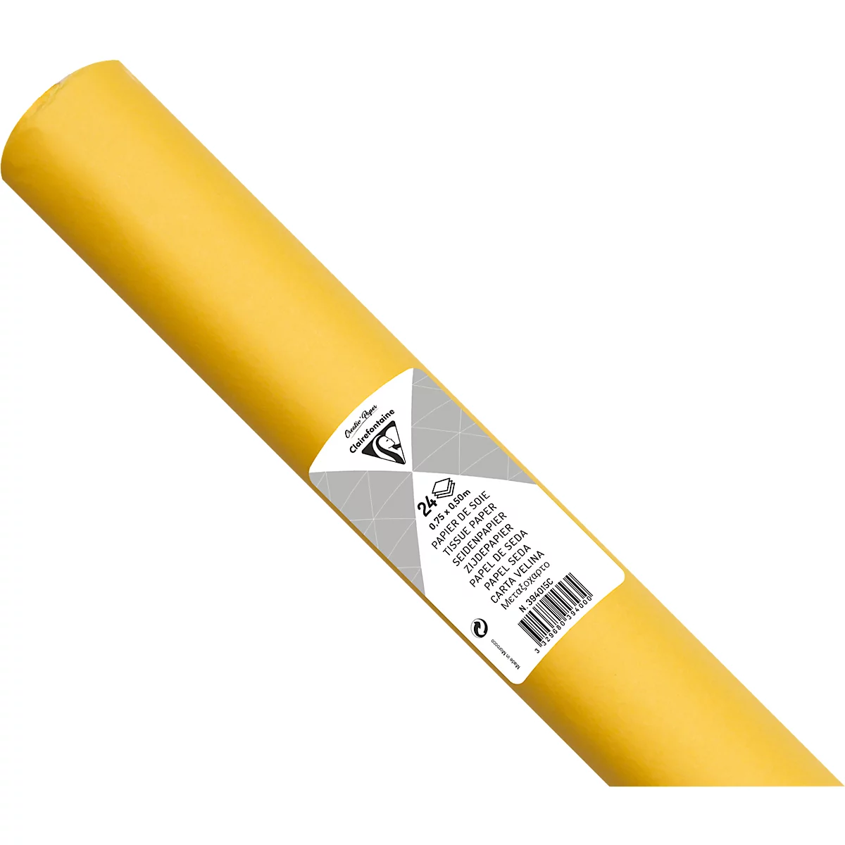 Rouleau de papier jaune avec impression. Des informations sur le produit en plusieurs langues sont visibles sur le rouleau.