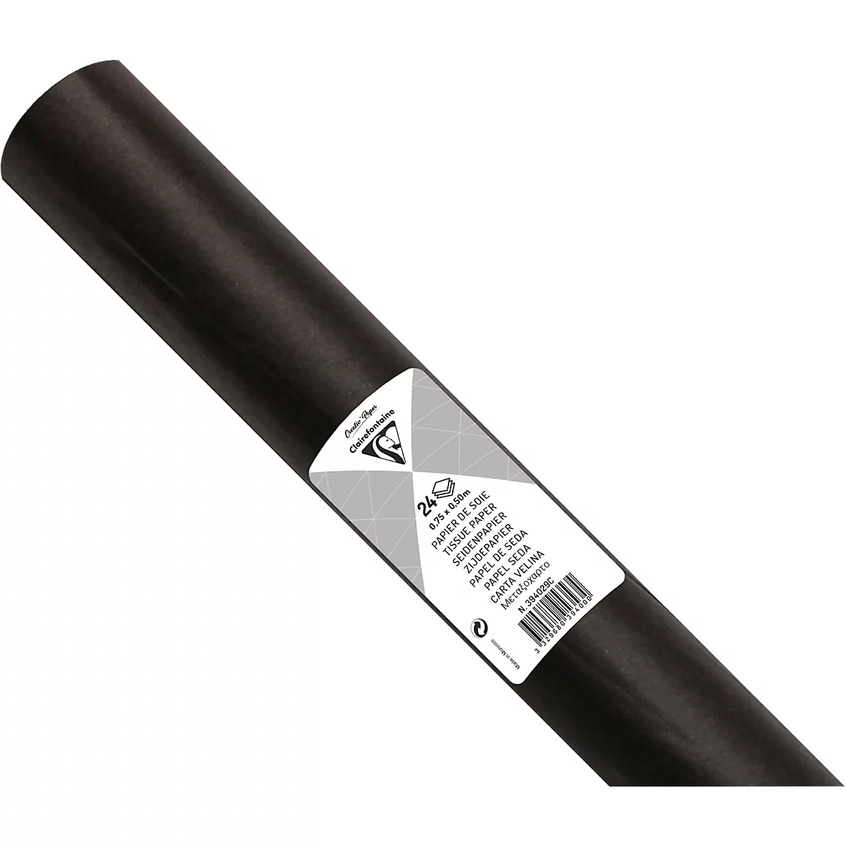 Rouleau de papier de soie noir avec étiquette. Texte : 'Papier de soie'.
