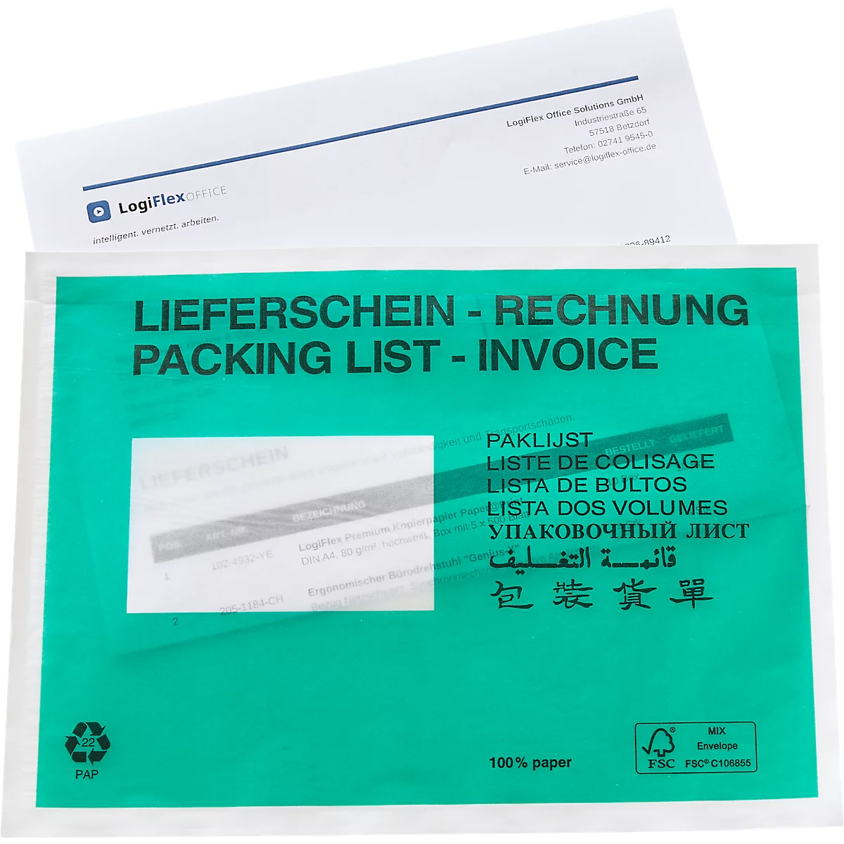 Grüne Versandtasche für Lieferscheine und Rechnungen aus Papier mit Aufschrift in mehreren Sprachen.