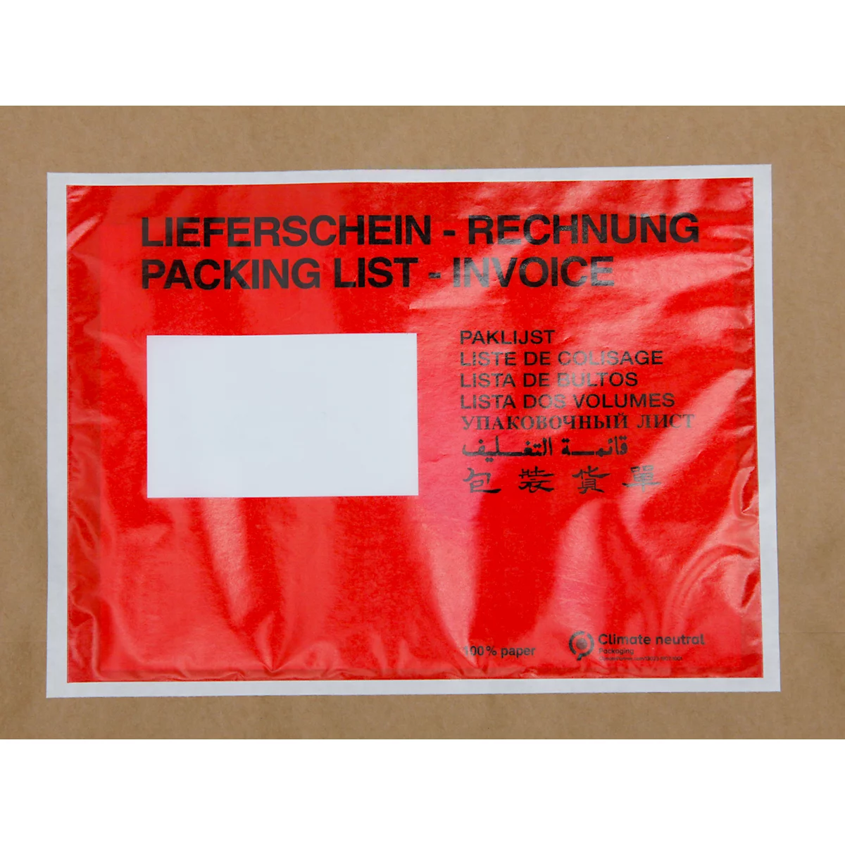 Rote Versandtasche mit weißem Rechteck und Aufschrift "Lieferschein-Rechnung".