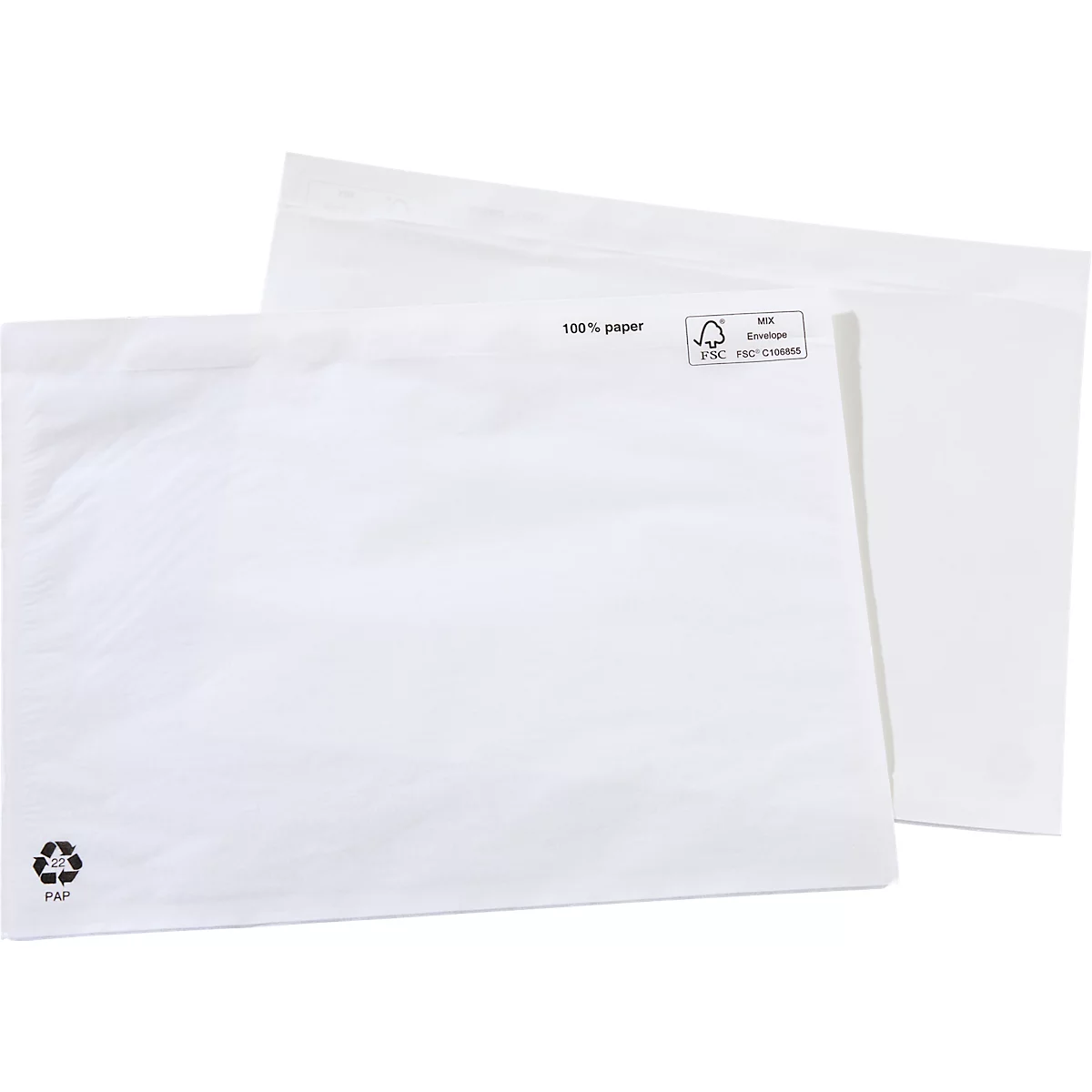 Zwei weiße Papier-Versandtaschen vor neutralem Hintergrund.
