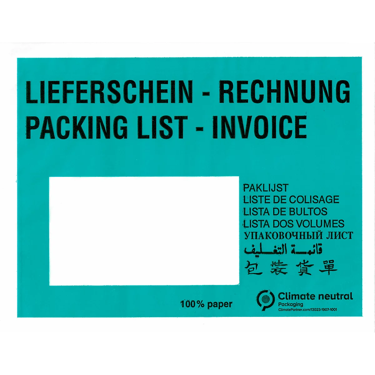 Rechteckiger, türkisfarbener Aufkleber mit weißem Rechteck, Text: Lieferschein - Rechnung, Packing List - Invoice, Paklijst... Klimaneutral.