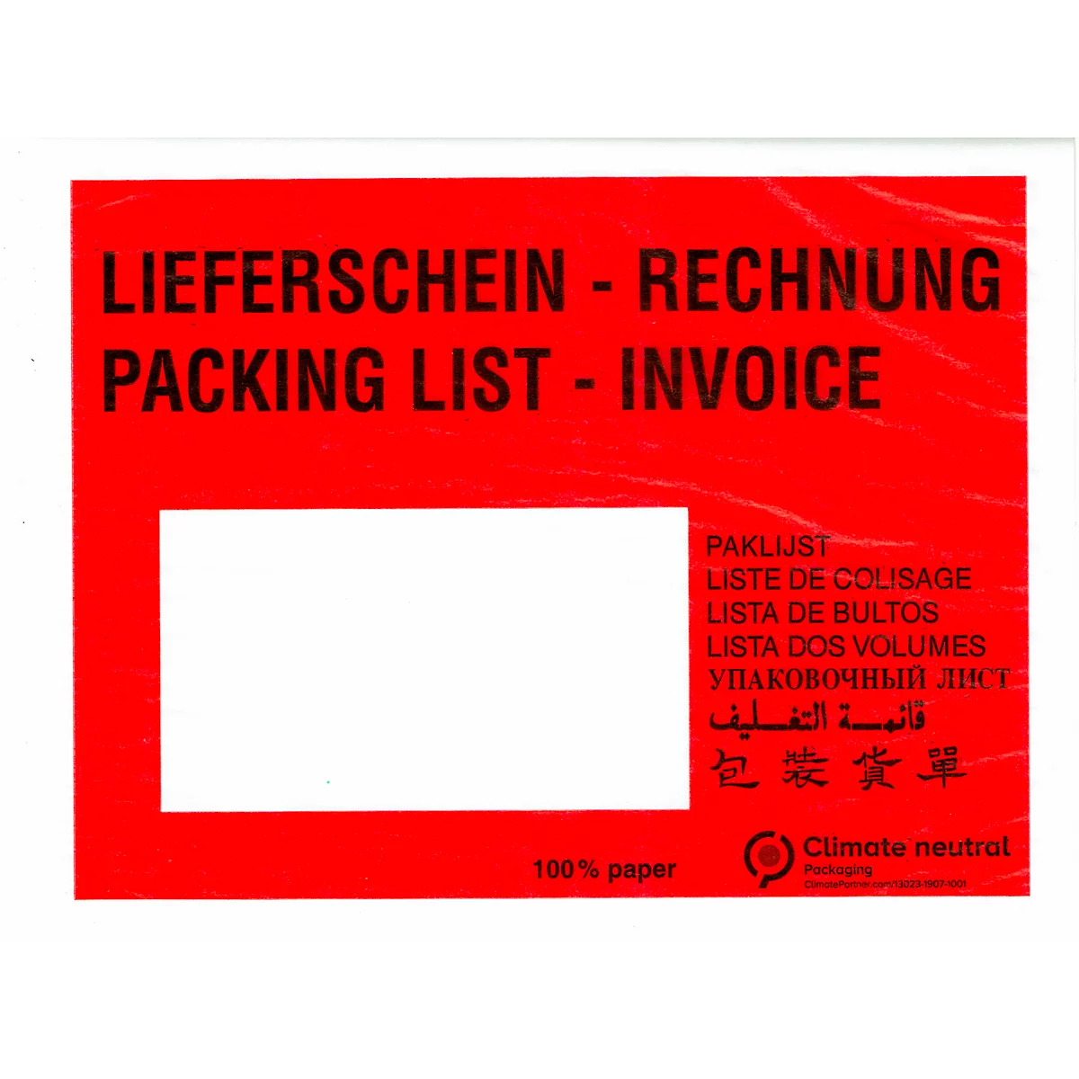 Rotes Etikett mit den Worten 'Lieferschein - Rechnung' und 'Packing List - Invoice'. Enthält ein weißes Feld und Text in verschiedenen Sprachen.