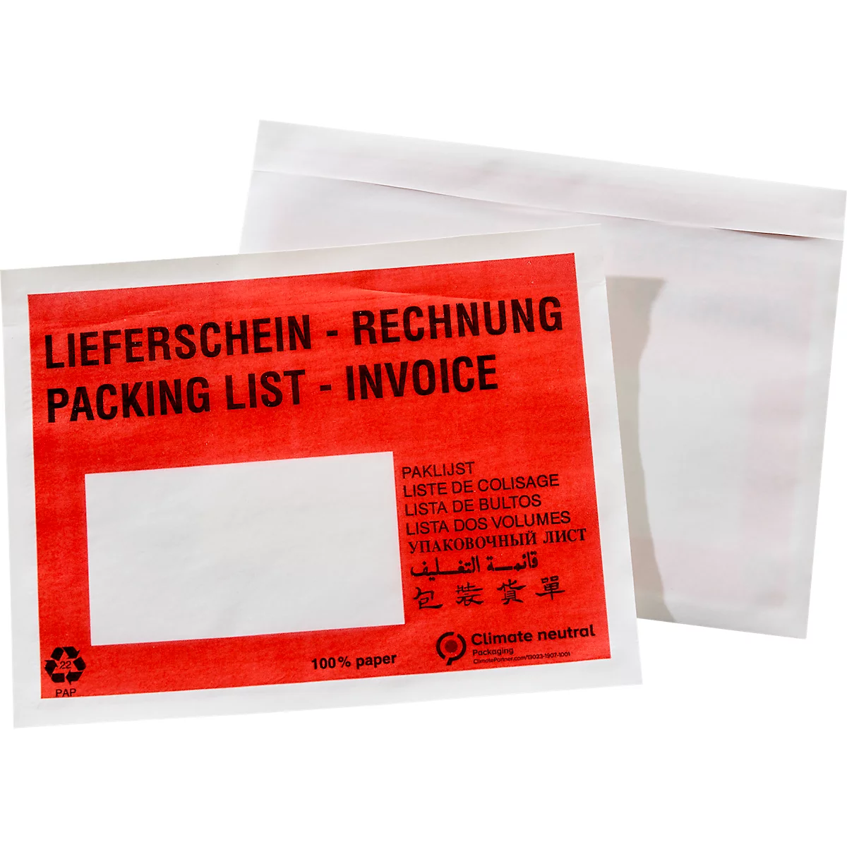 Selbstklebende Versandtasche mit rotem Aufdruck für Lieferscheine und Rechnungen auf weißem Hintergrund.