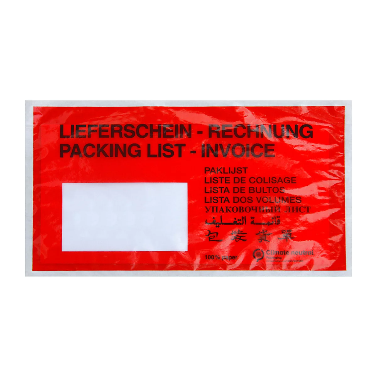 Papier-Dokumententasche/Lieferscheintasche SecurePack, DIN lang, Fenster links, mit Aufdruck, selbstklebend, 100 % recycelbares Pergaminpapier, rot, 250 Stück